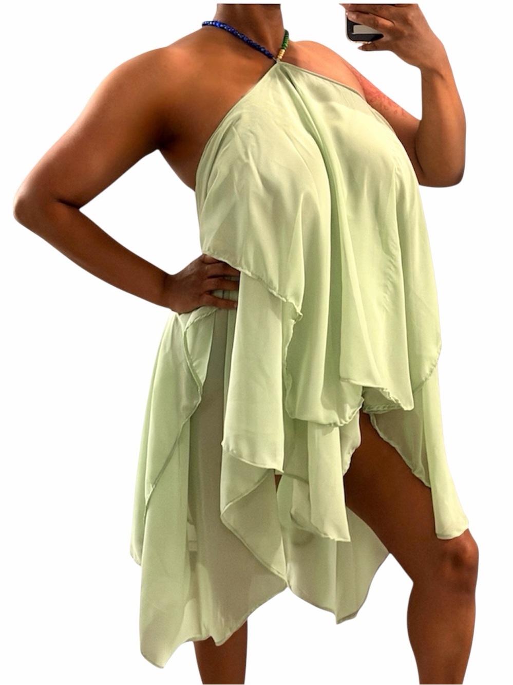 Garment Architect Sage Green Beaded Halter Layered Dress XL One of a Kind